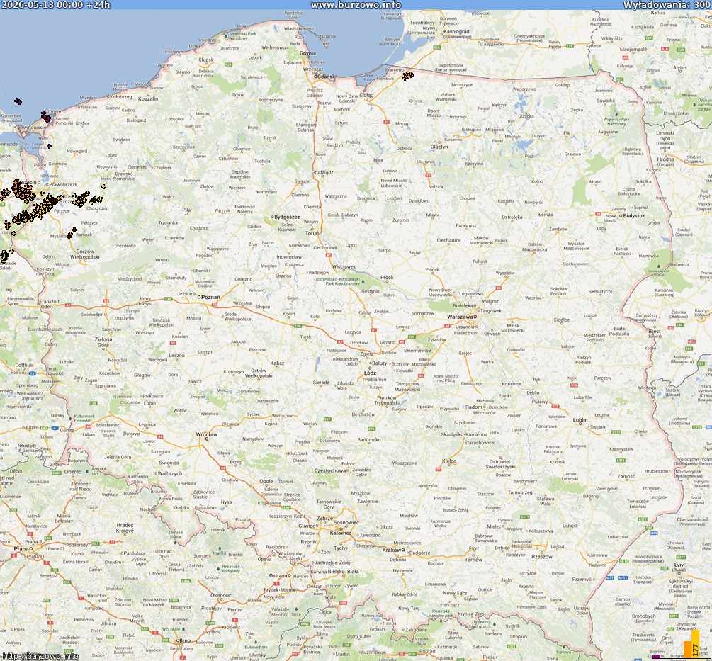 Mapa wyładowań Polska (dokladna) 2026-05-14