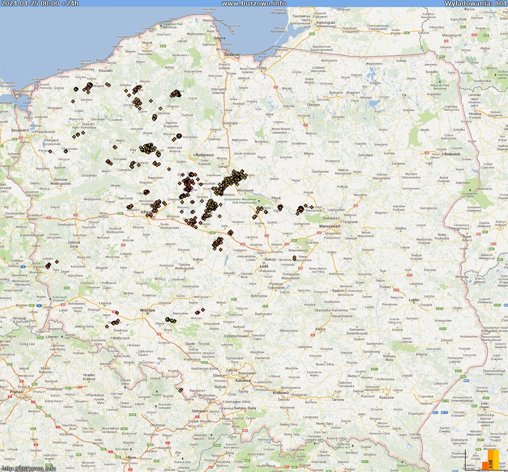 Mapa wyładowań Polska (dokladna) 2024-04-26