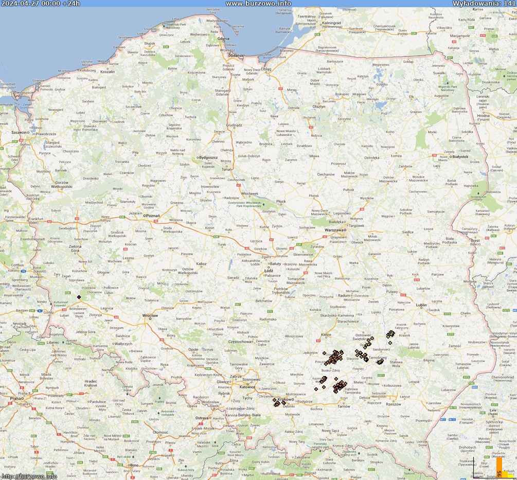 Mapa wyładowań Polska (dokladna) 2024-04-28